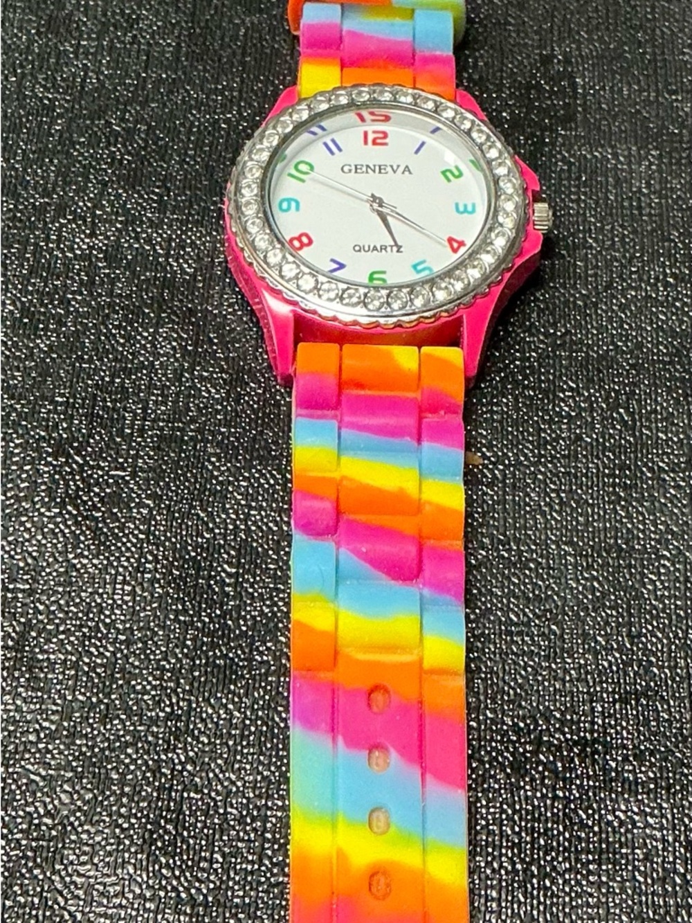 Geneva Pink Case Rainbow Silicone Watch